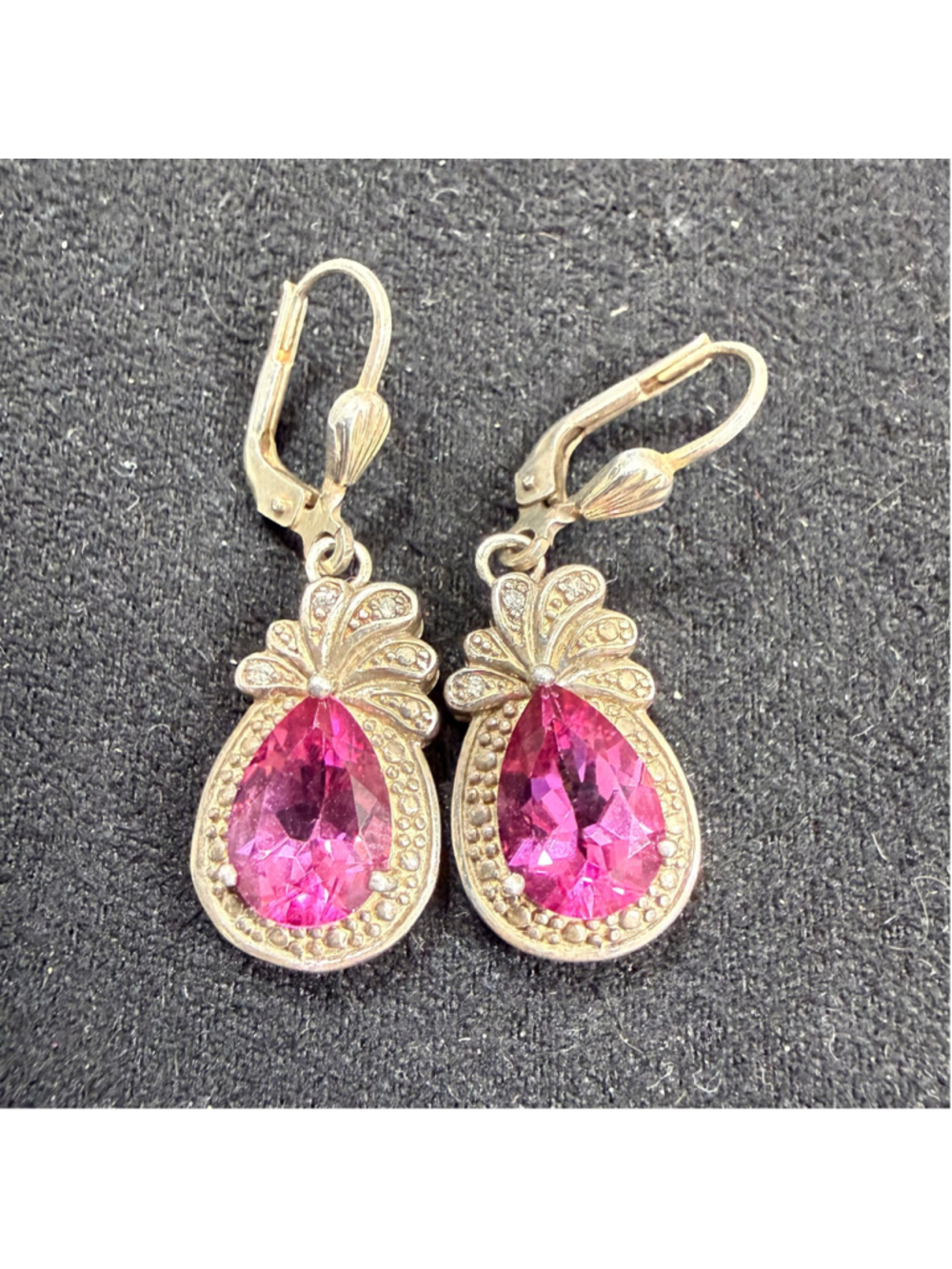 Vintage 925 Sterling Silver Pink Pear Cut Leverback Drop Earrings Marked SB